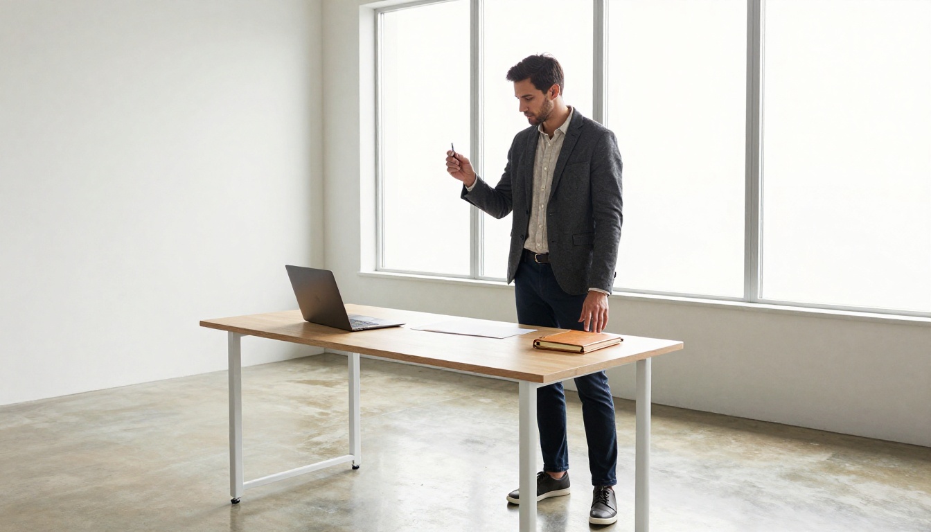 Consultant in a charcoal blazer at a standing desk in a bright studio