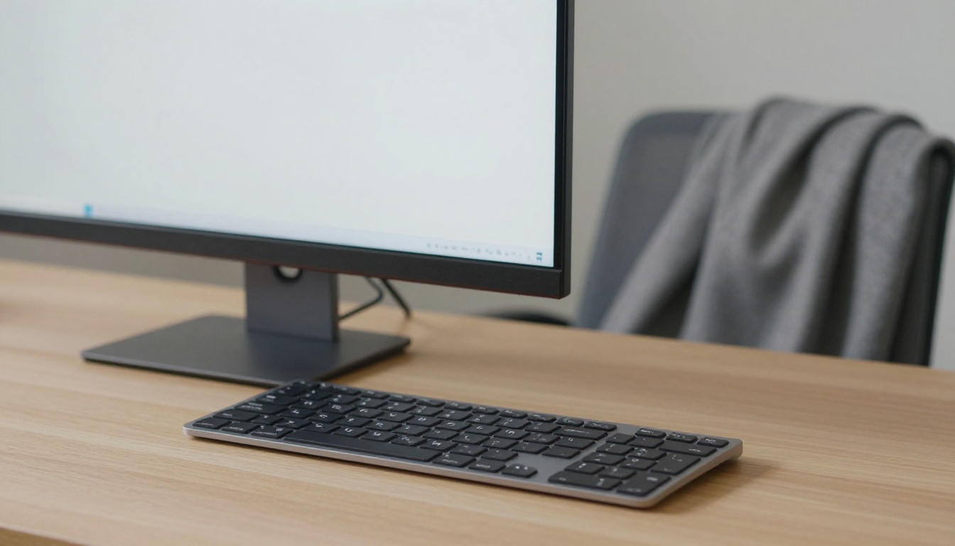 Clean desktop workstation with a large monitor and a wooden desk mat