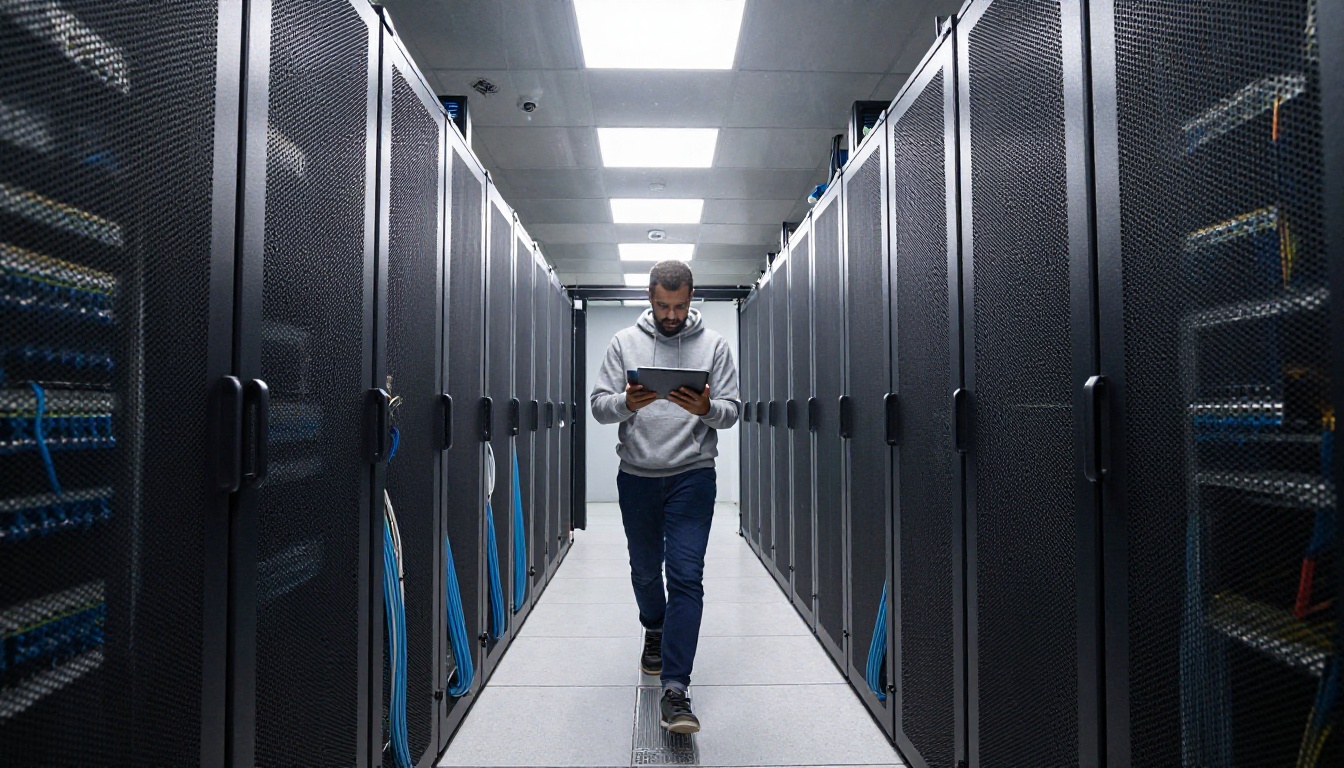 Symmetrical data center aisle with black server racks and a technician walking away