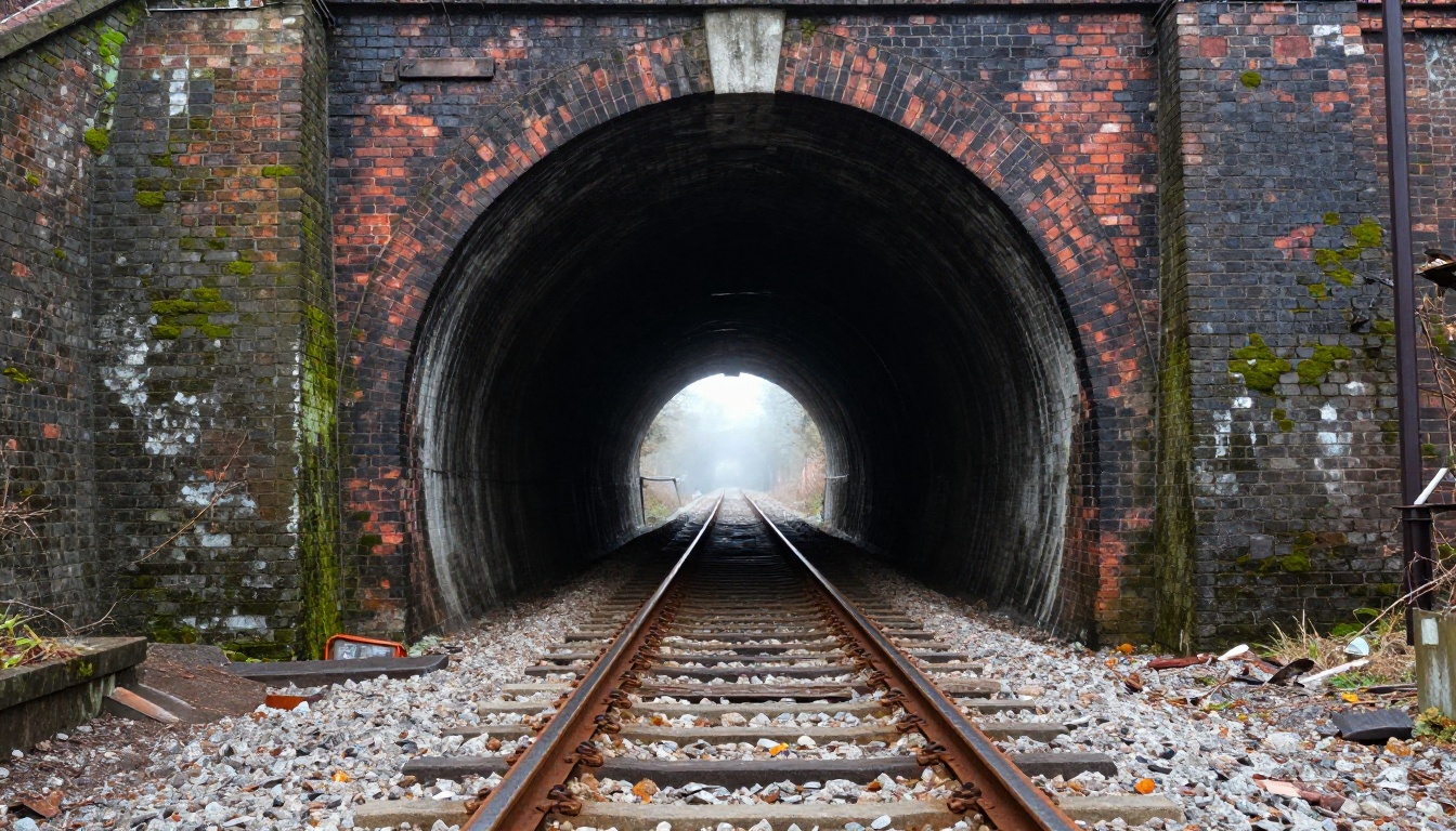 Old brick railway tunnel entrance seen from between the rails in morning light
