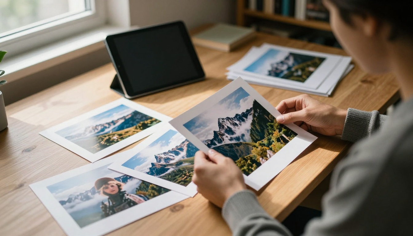 Photographer sorting printed landscape photographs on a wooden studio table
