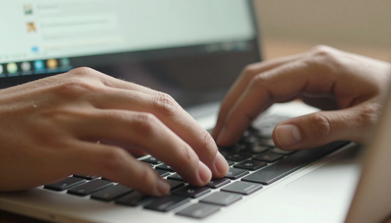Developer's hands typing on a slim laptop in late morning light