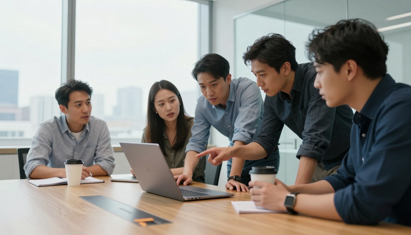 Four colleagues around a conference table looking at a laptop