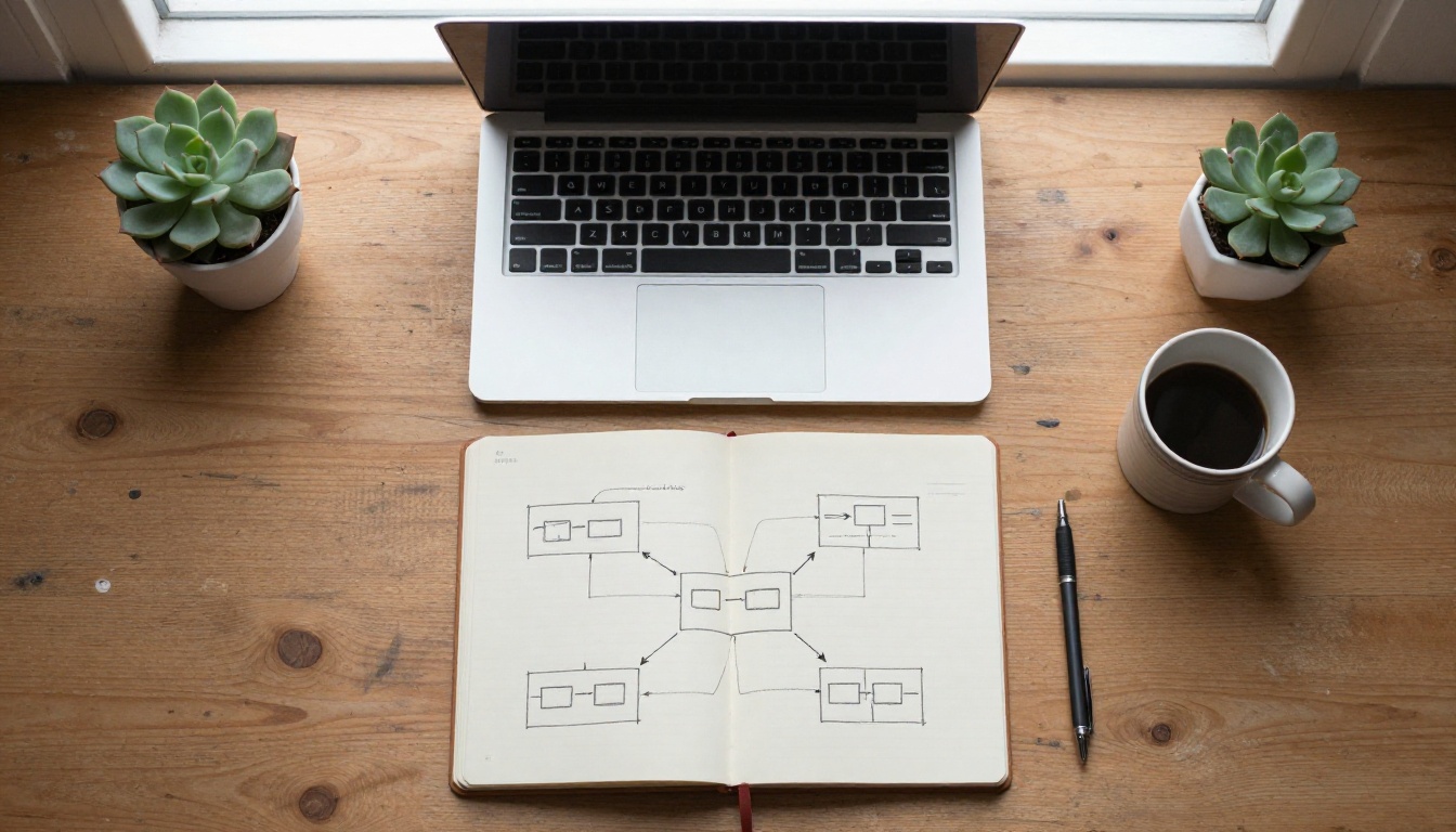 Top-down view of a desk with a laptop and a notebook holding a sketched diagram
