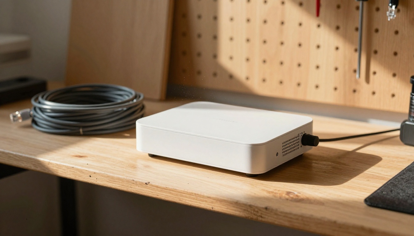 Low-angle view of a small mini PC beside a router and ethernet cable on a workshop shelf