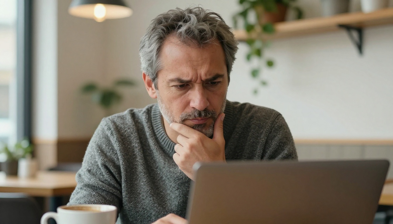 Man in a cafe frowning at a laptop with one hand on his chin