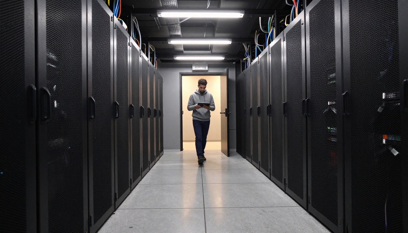 Wide view of a quiet server room aisle with a technician walking away