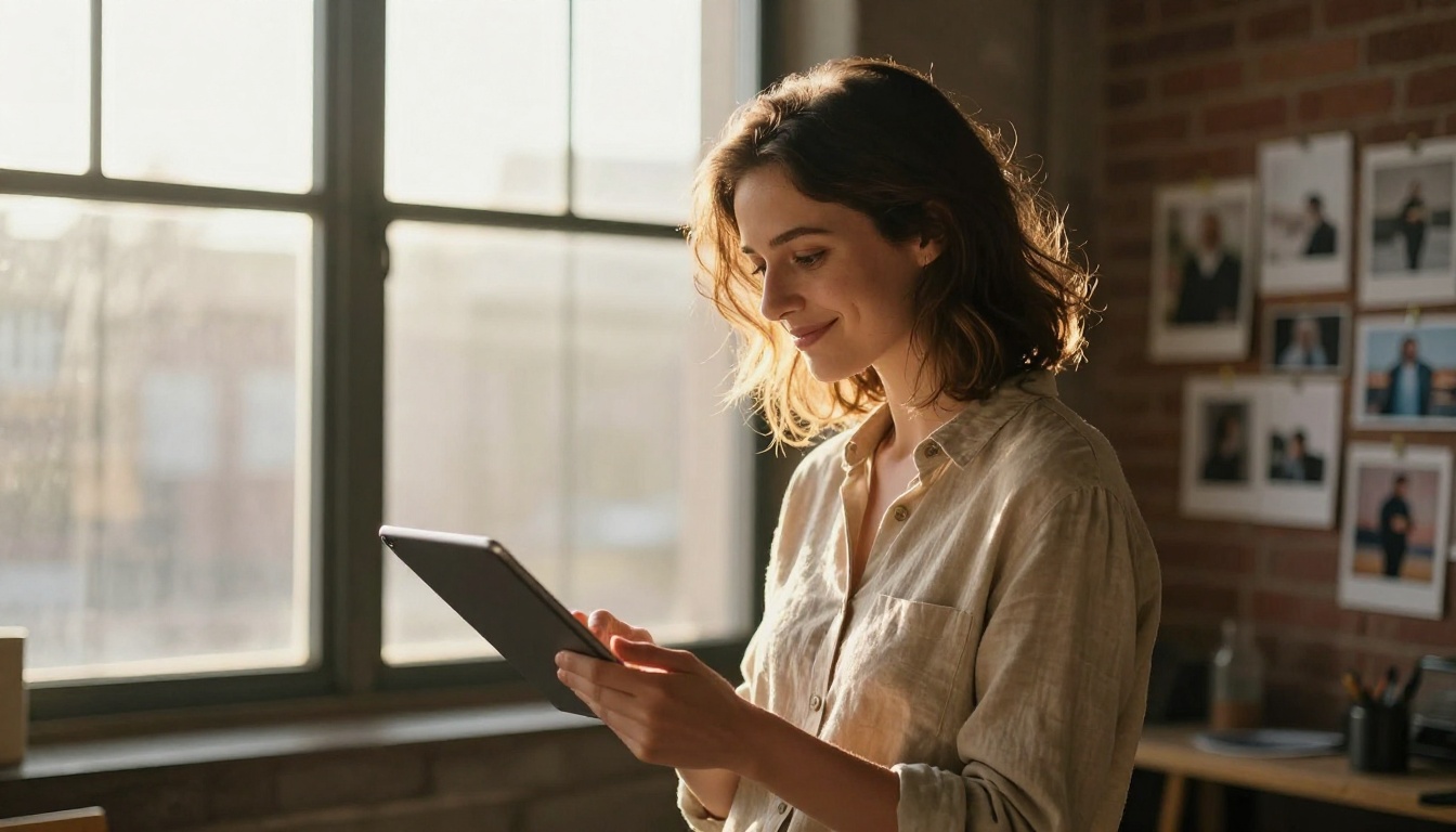 Woman in a sunlit loft studio smiling at a tablet