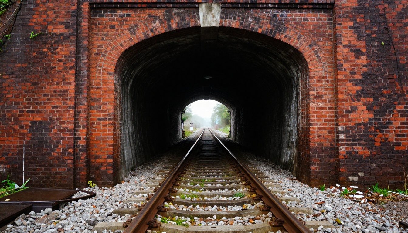 Brick railway tunnel with rails leading to a small circle of daylight