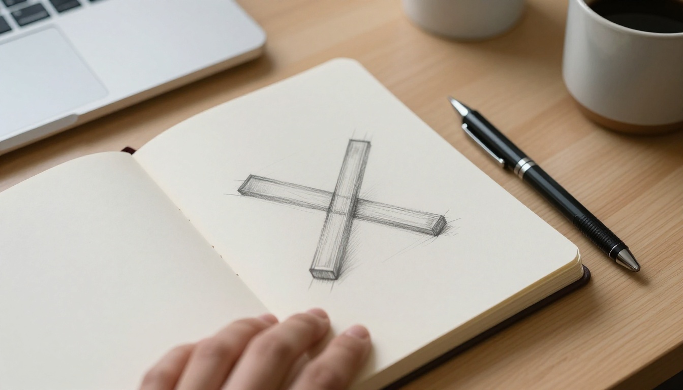 Open notebook with a pencil sketch of two boxes joined by a line, beside a closed laptop