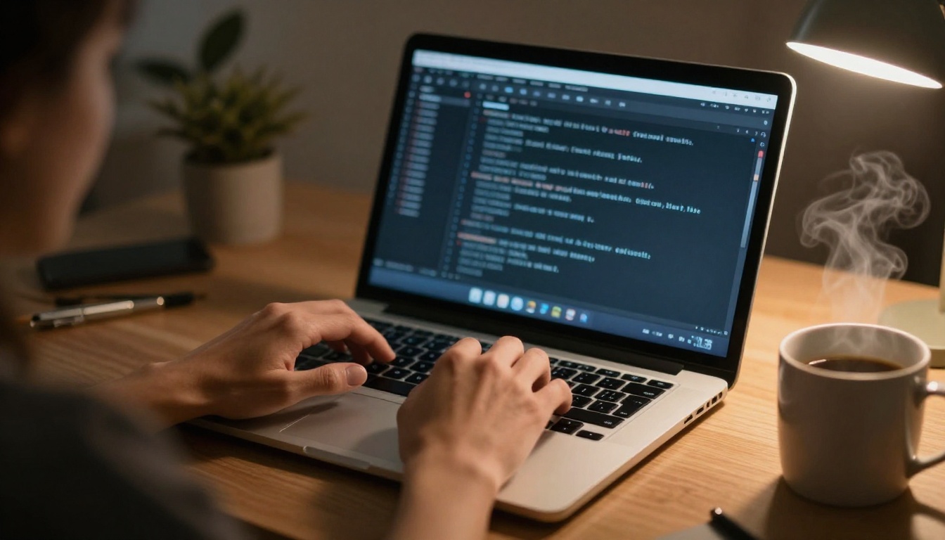 Developer's hands typing on a laptop in a dim home office, terminal window out of focus