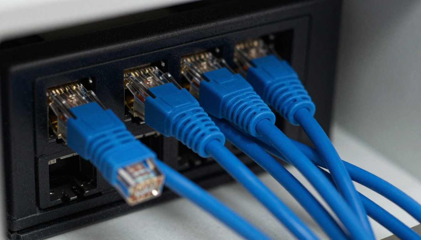 Blue ethernet patch cables plugged into a black patch panel in a small closet