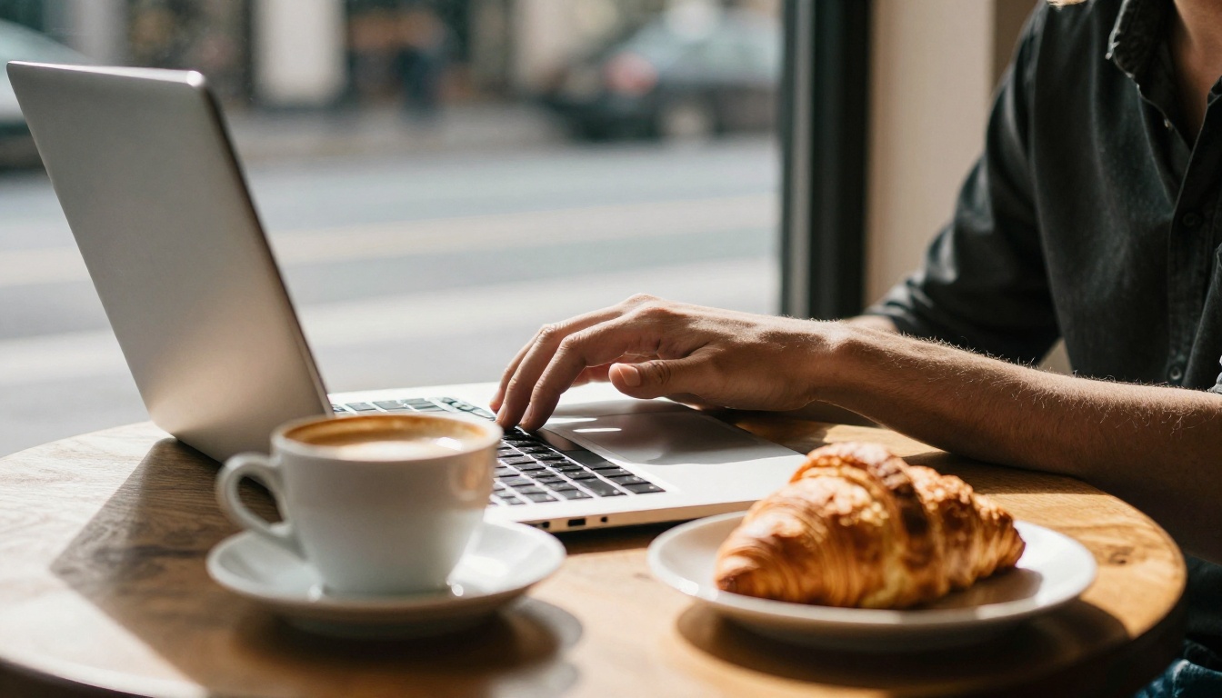 Person working at a café window table with a laptop, flat white and croissant