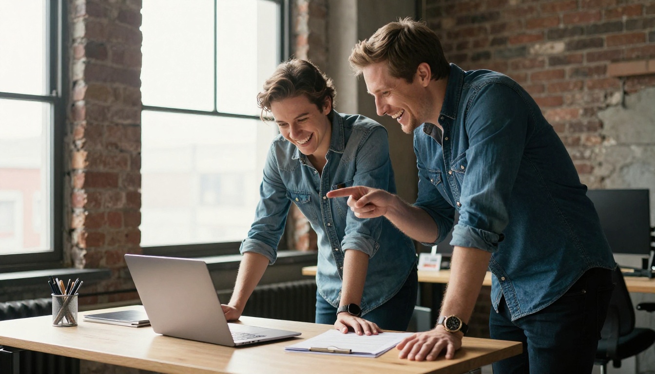 Two colleagues smiling at a laptop in a loft office