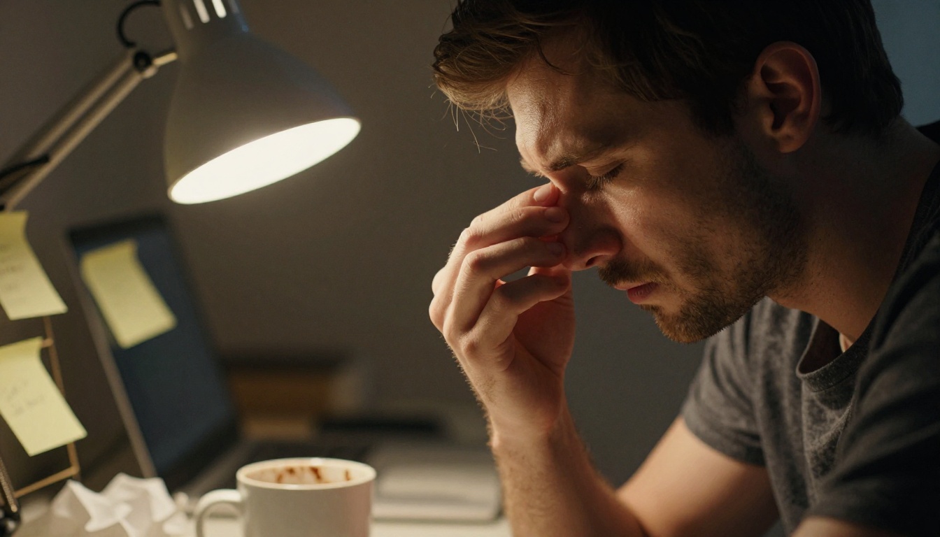 Tired developer rubbing the bridge of the nose at a desk lit by a single lamp at night