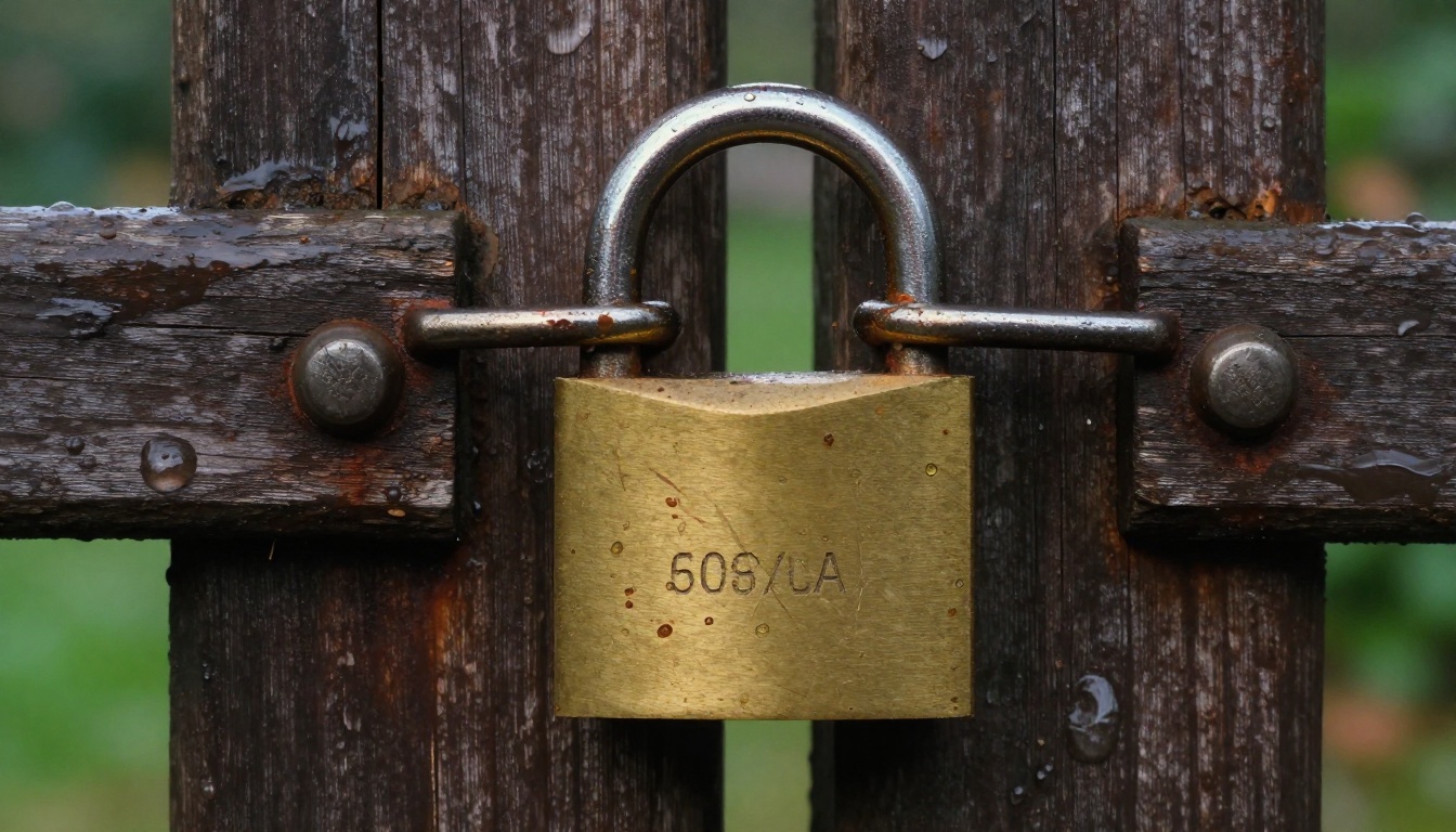 Heavy brass padlock on a weathered wooden gate latch