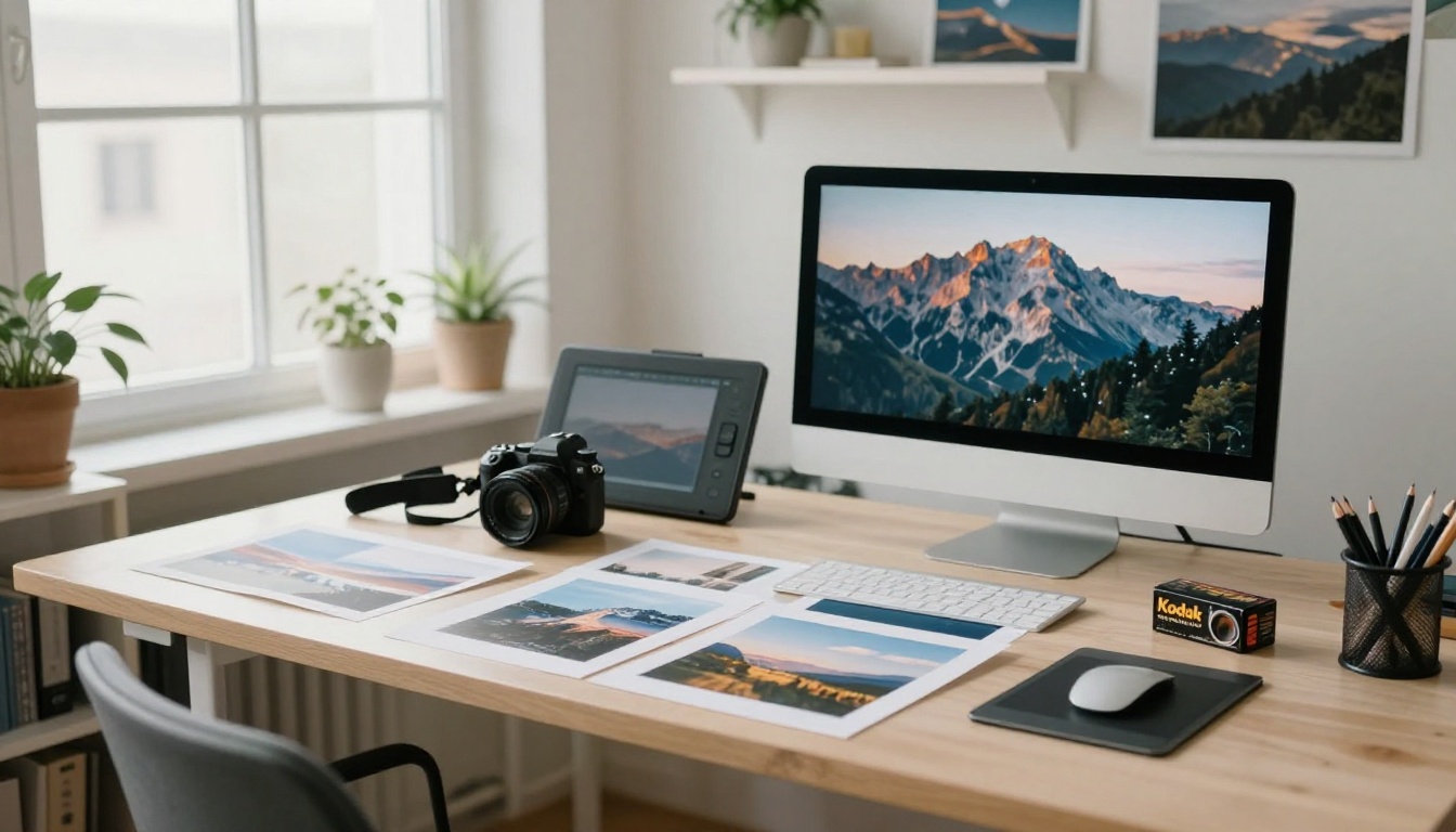 Creative working at a bright studio desk with printed landscape photographs and a camera