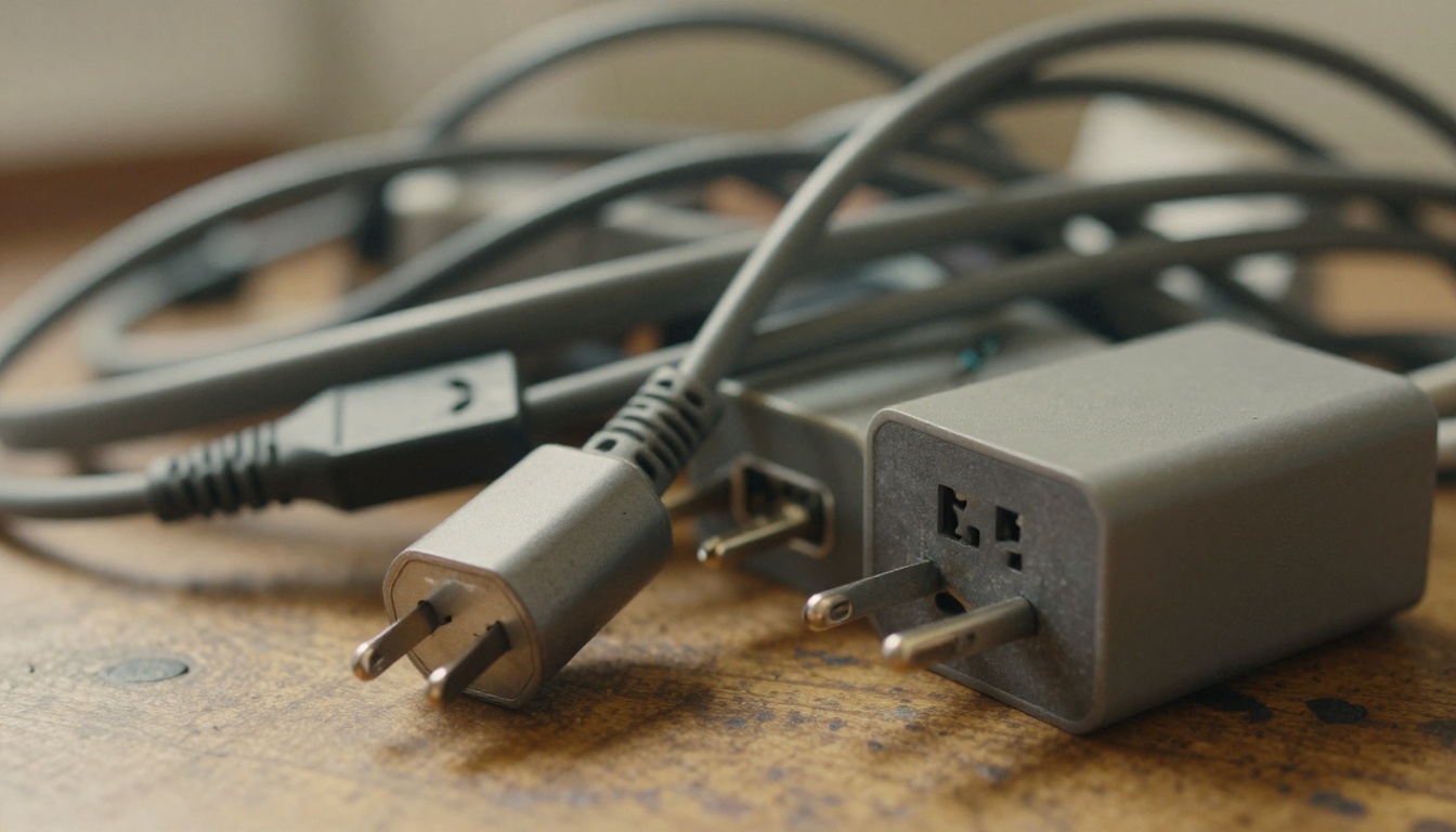 A tangle of old mismatched power adapters and frayed cables on a worn oak table
