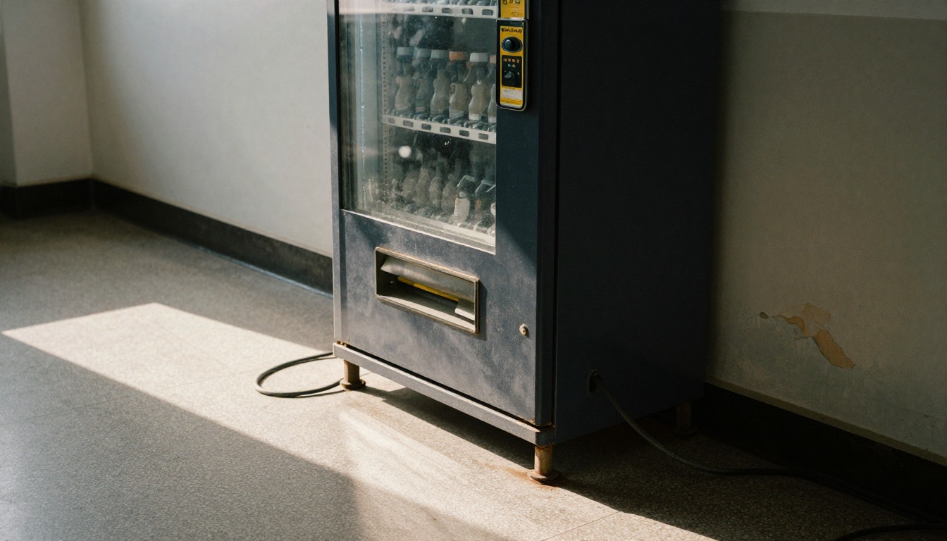 An old vending machine standing unplugged in a quiet empty hallway