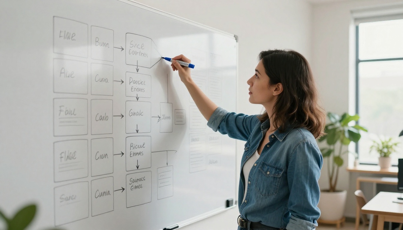 A woman studying a hand-drawn diagram of boxes and arrows on a whiteboard in a bright office