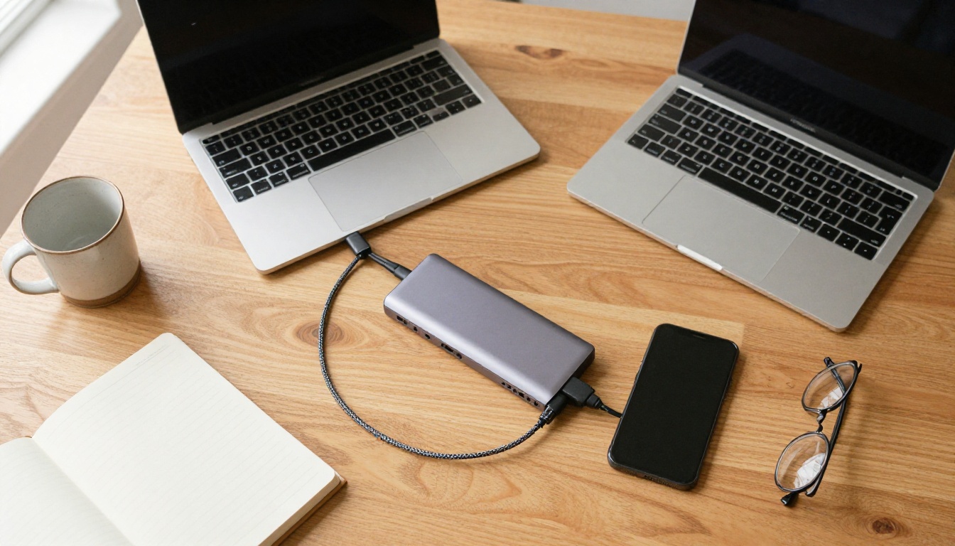 A walnut desk with a laptop, tablet, phone and drive all connected through one aluminium hub