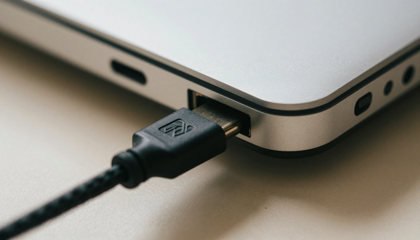 Macro shot of a braided USB-C cable sliding into a silver laptop port