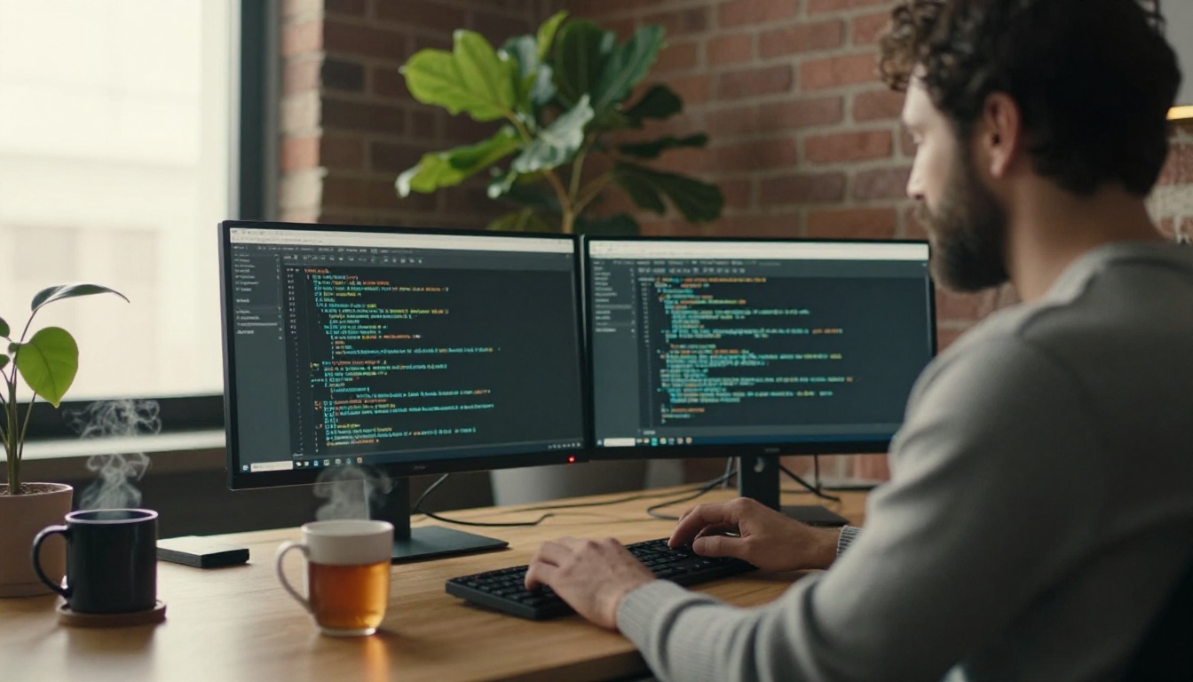 A developer in a grey sweater working at a standing desk with two monitors in a loft office