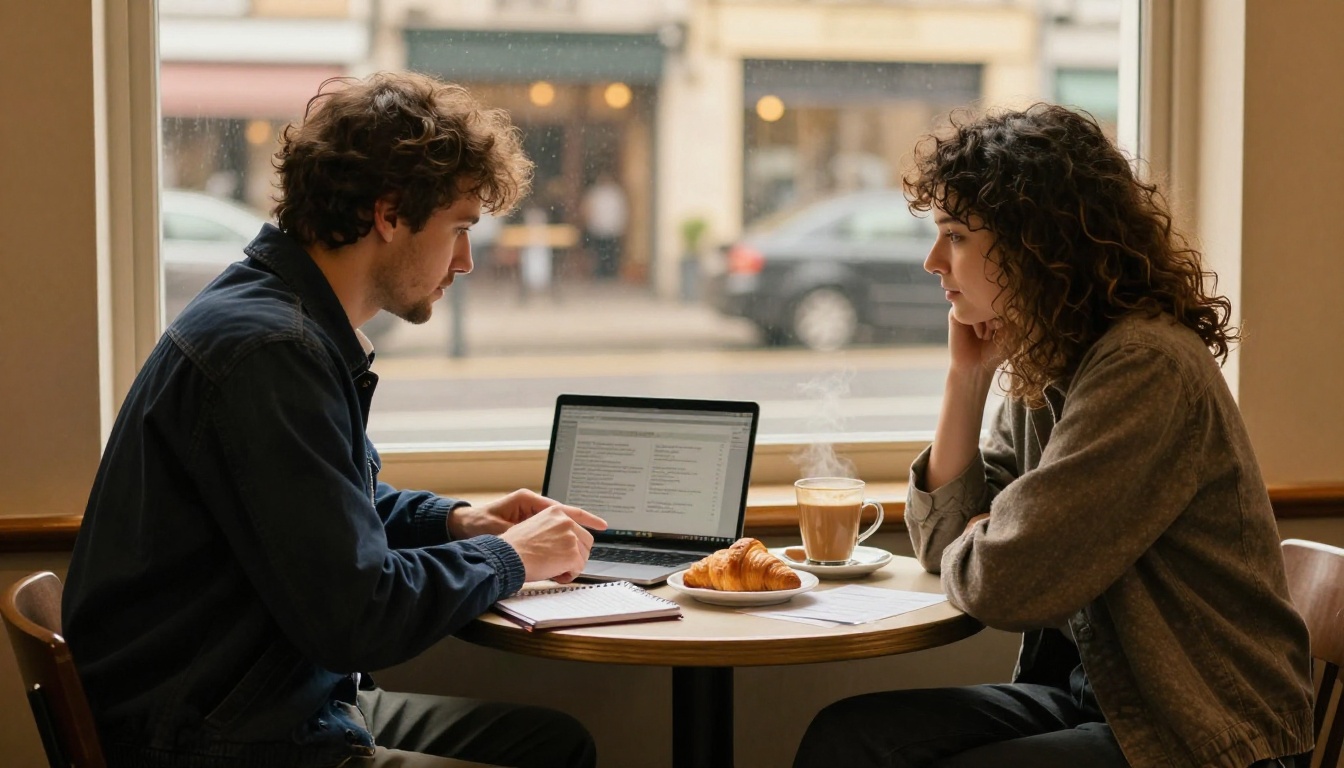Two colleagues comparing options on a laptop and a notebook at a cafe table