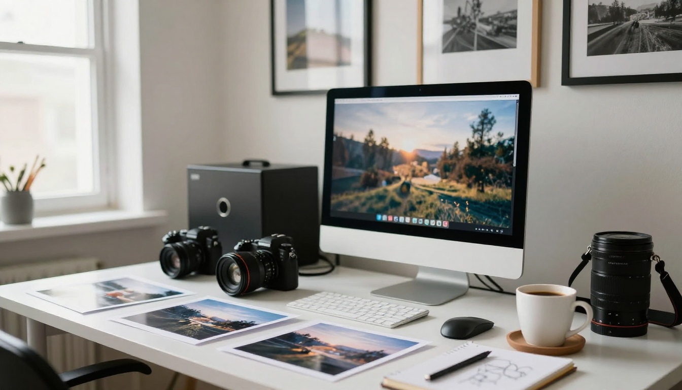 A photographer's studio desk with printed photos, a camera and a monitor in soft morning light