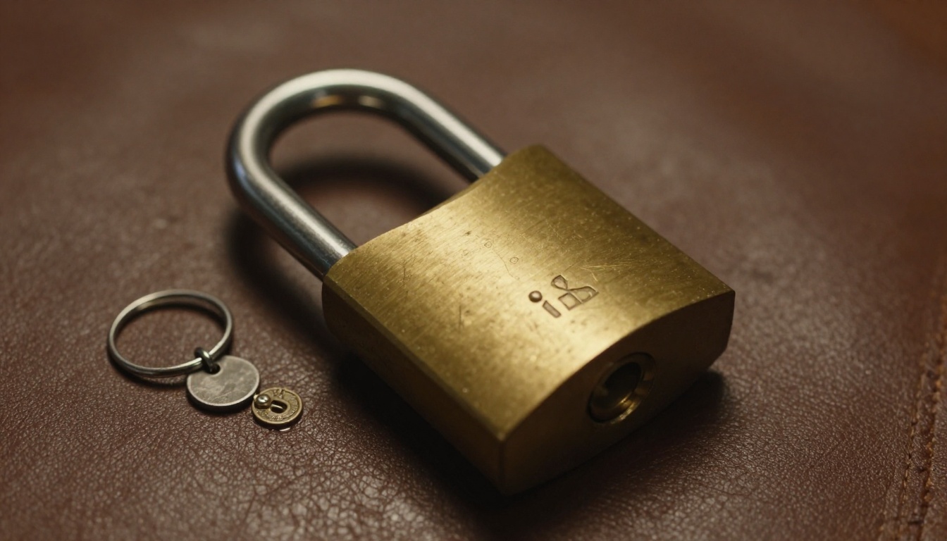 A heavy brass padlock on a worn leather surface beside metal tokens