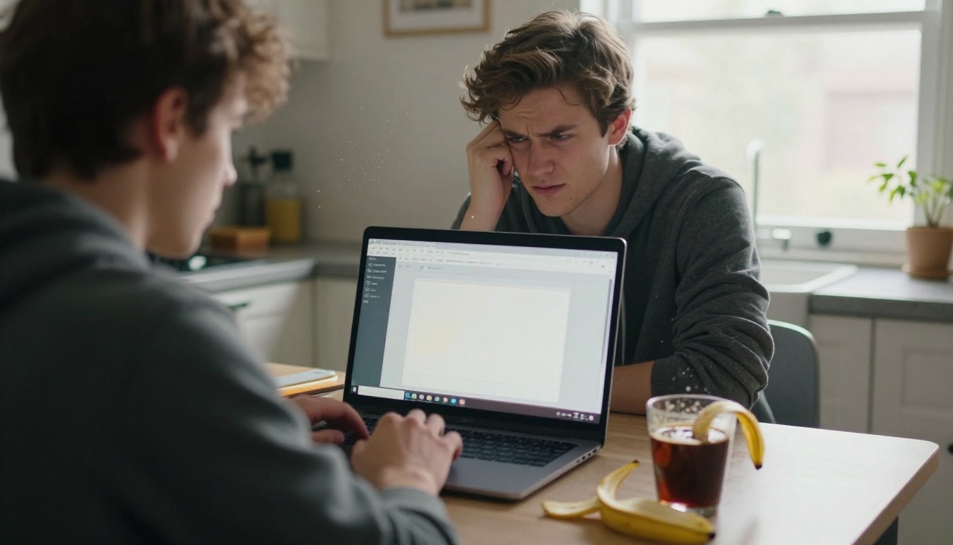 A young man squinting at a laptop sidebar at a cluttered kitchen table
