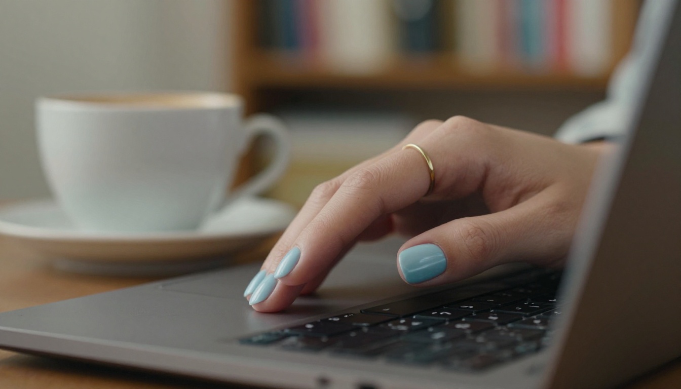A woman's hands hovering over a laptop trackpad beside a latte