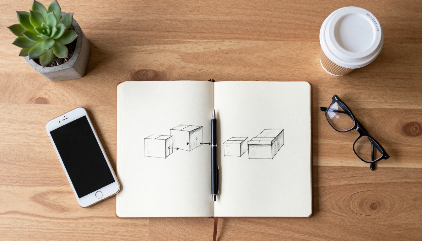Top-down view of a walnut desk with a notebook sketch of three connected boxes