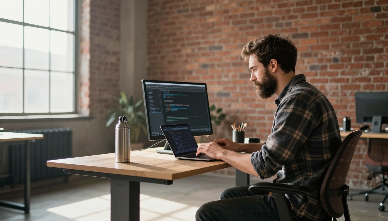 A bearded developer typing at a standing desk in a brick-walled loft office