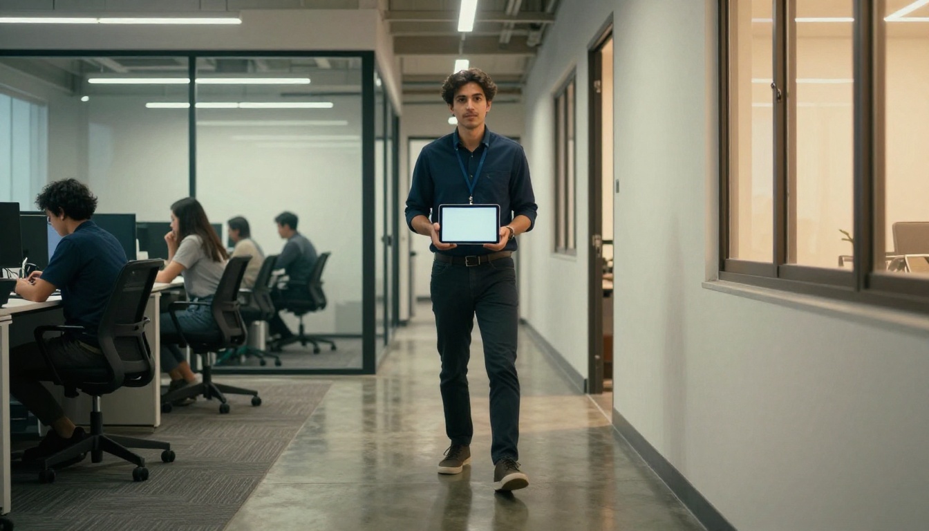 An IT administrator holding a tablet in an office corridor