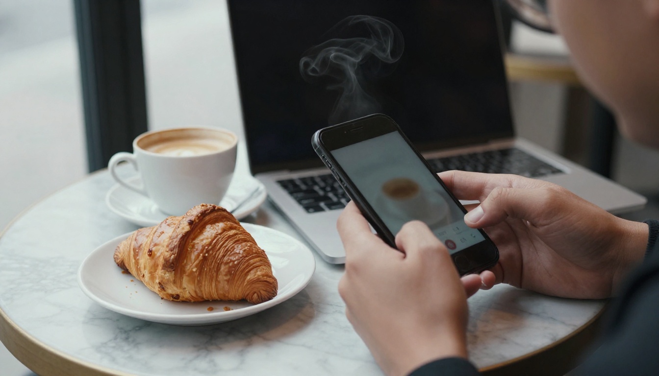 Two hands holding a smartphone next to an open laptop on a cafe table