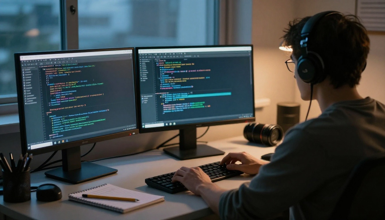 A software engineer seen from behind at a two-monitor desk in warm lamp light