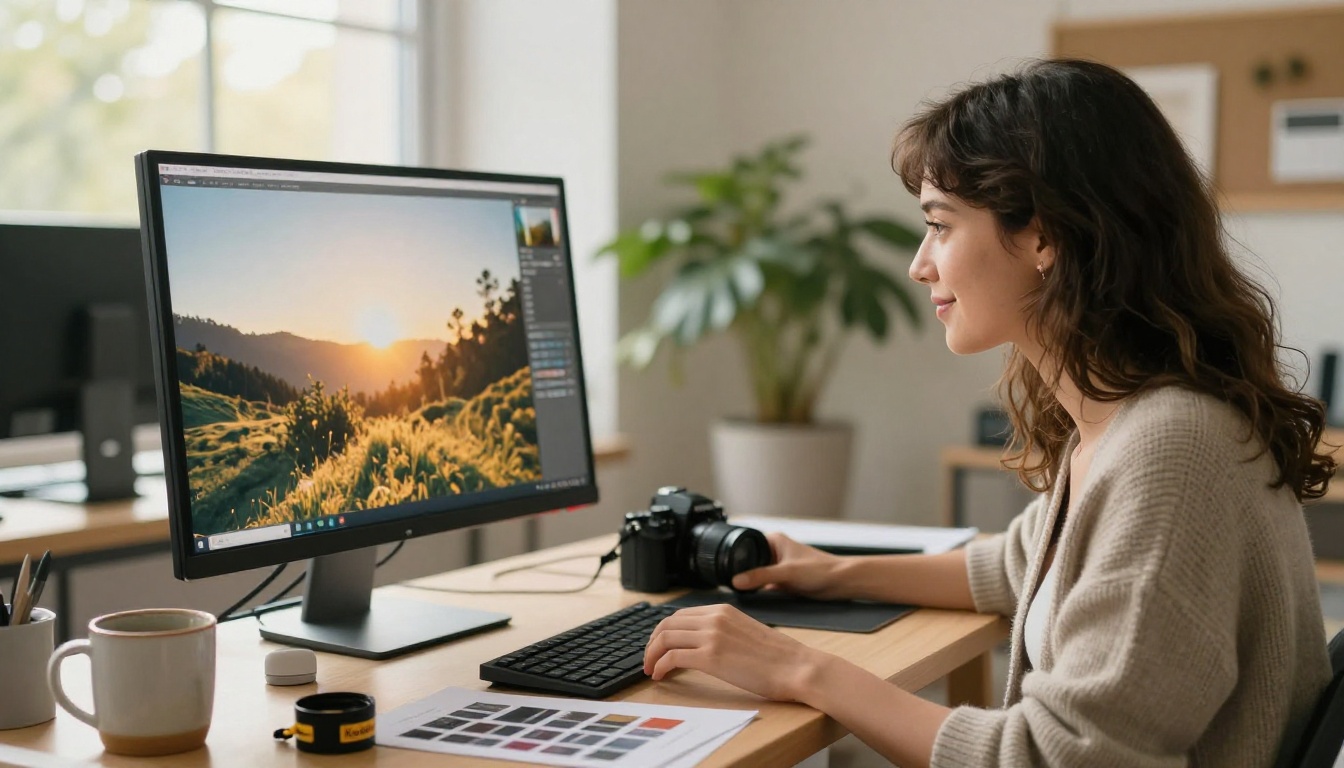 A creative woman reviewing a landscape photograph on a studio monitor in golden light