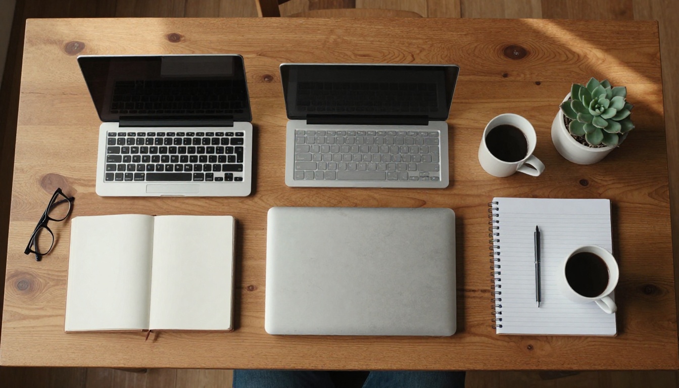 Top-down view of an older laptop beside a new one on a wooden desk, showing the old and new plugin eras