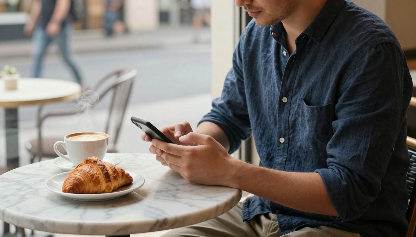 Man tapping a smartphone at a marble cafe table in warm morning light