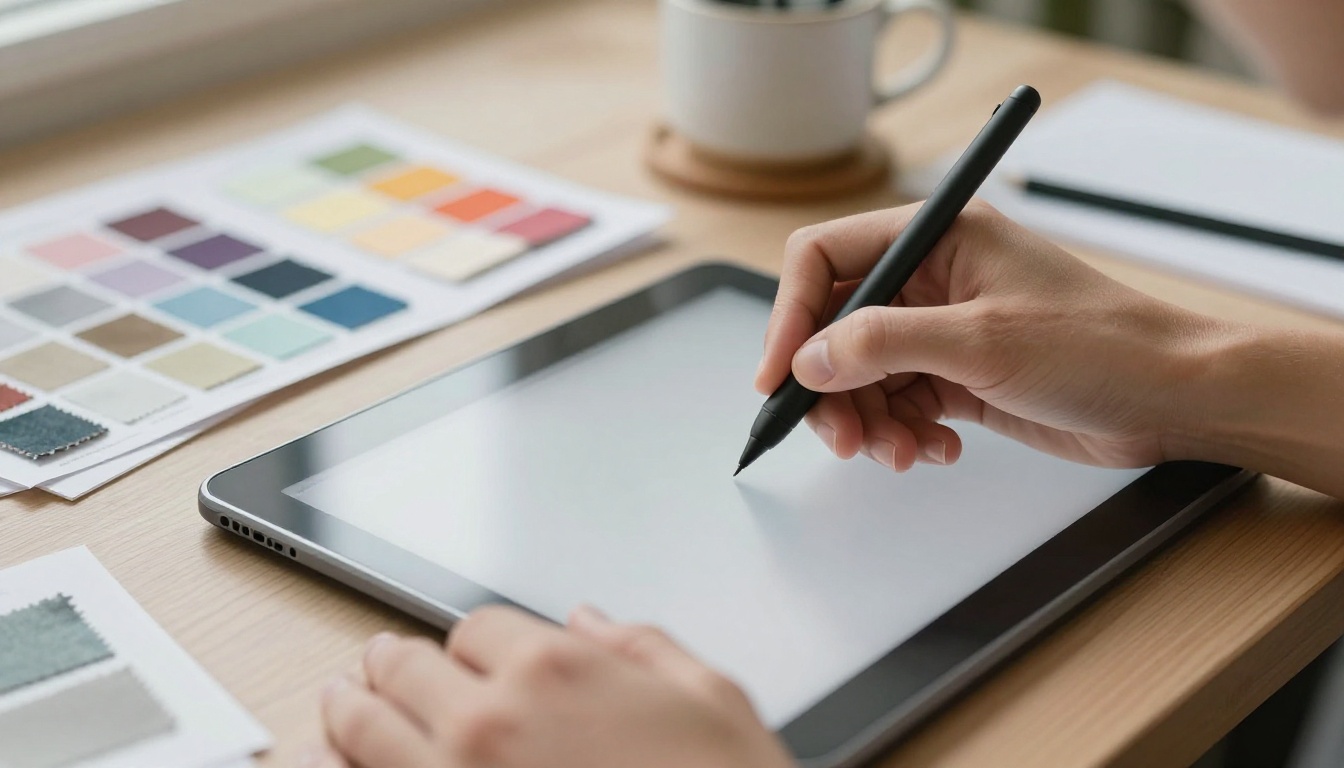 Designer's hands drawing on a tablet surrounded by fabric swatches and color chips