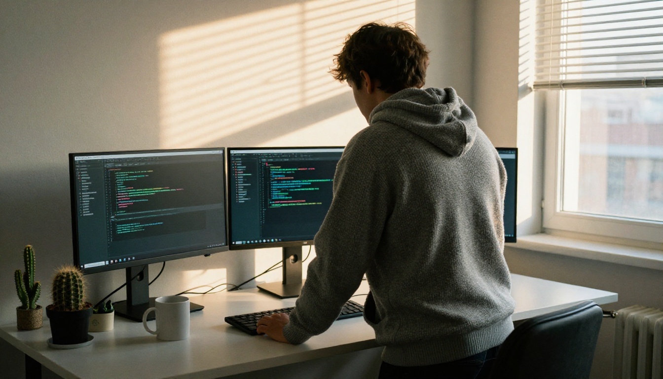 Developer in a gray hoodie standing at a desk with two monitors in afternoon light