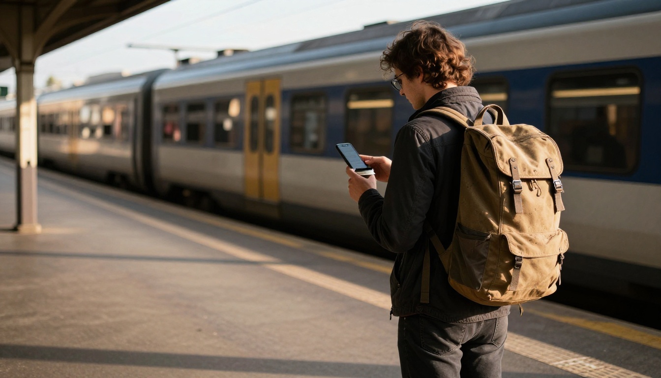 Traveler with a backpack checking a phone on a sunlit train platform