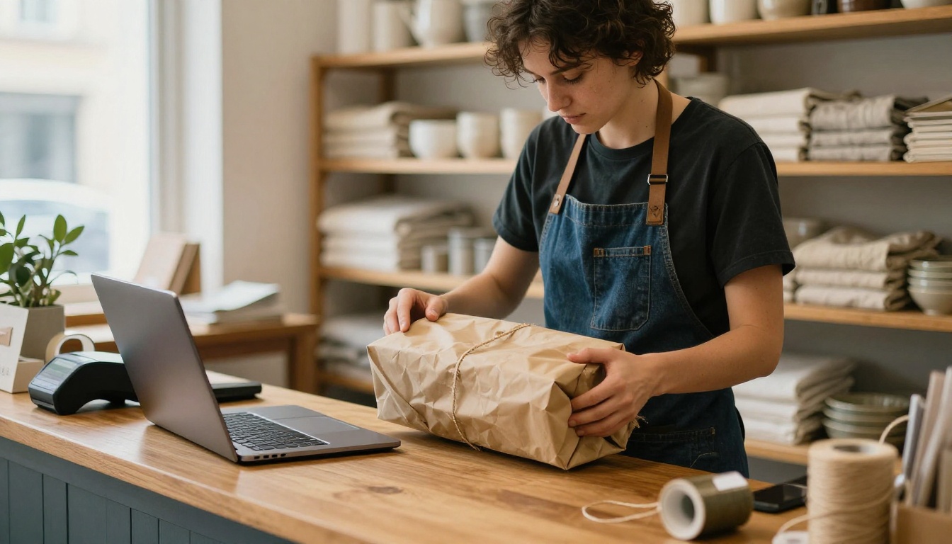 Boutique owner wrapping a parcel at a wooden counter with a laptop open nearby