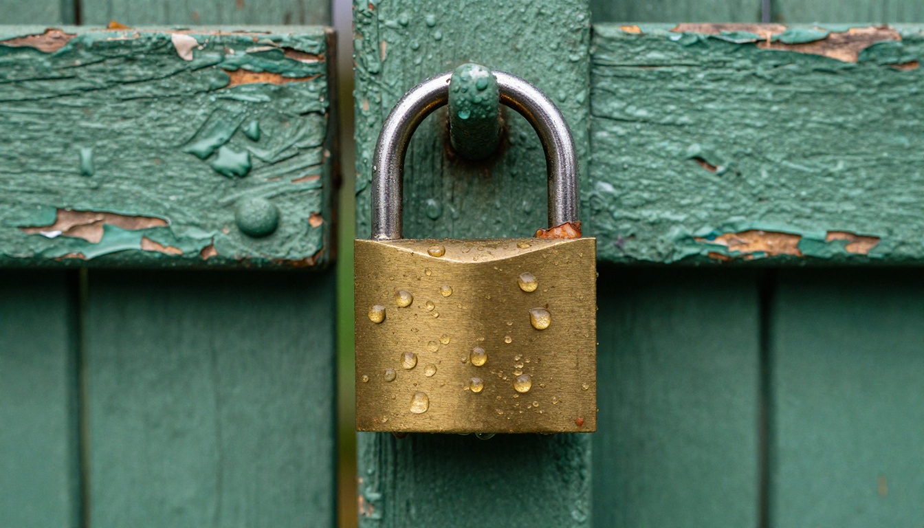 Worn brass padlock on a green wooden gate with morning dew, a picture of plugin permissions