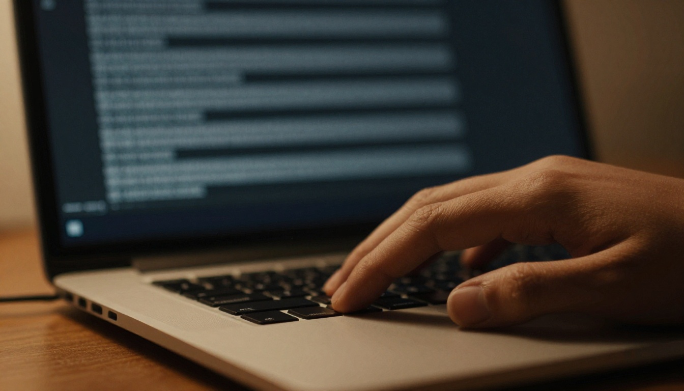 Close-up of fingers typing on a slim aluminum laptop with a terminal window blurred behind
