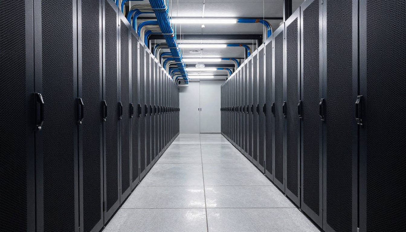 Symmetrical view down a quiet data center aisle lined with black server cabinets