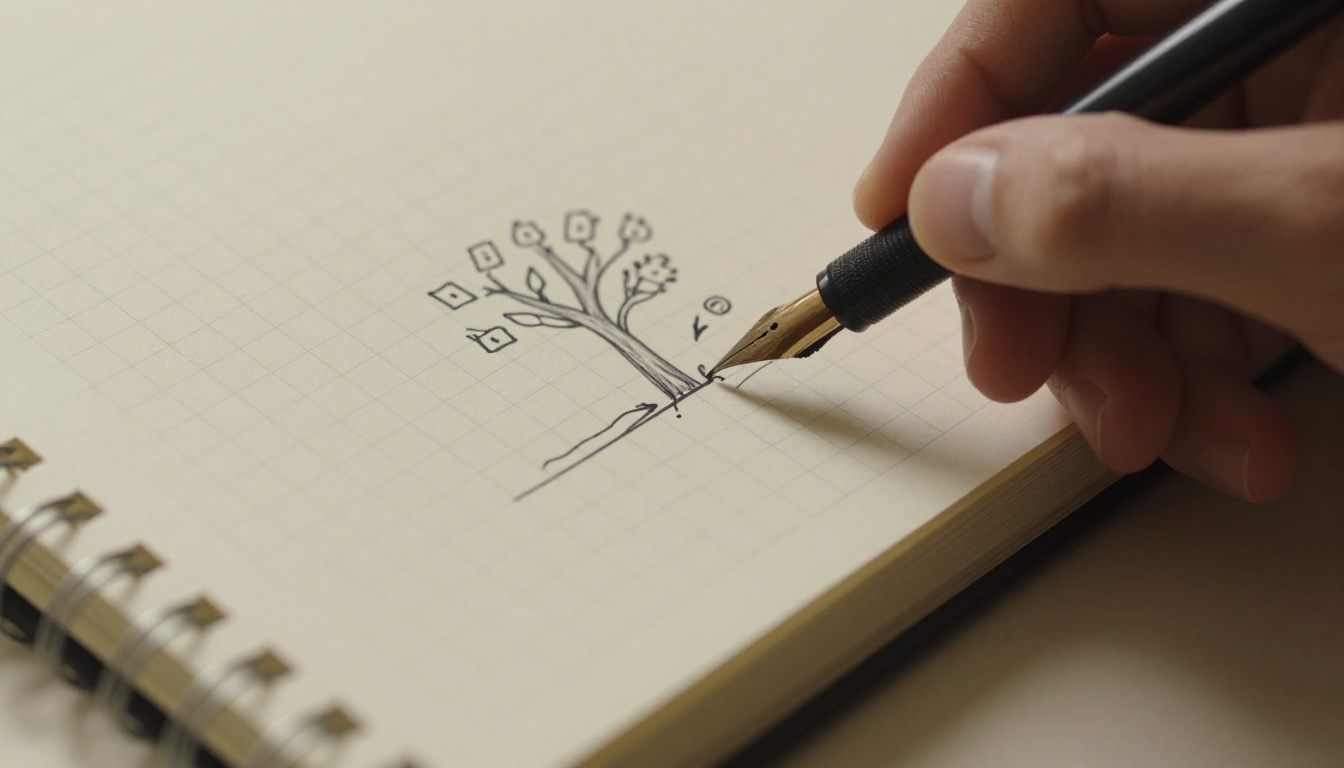 Hand holding a fountain pen over a notebook page with a hand-drawn tree of boxes and arrows