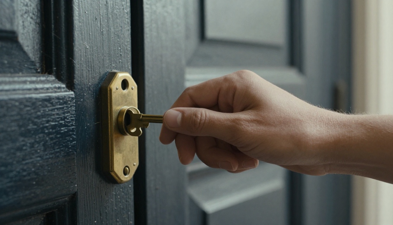A hand turning a brass lock mechanism on a heavy wooden door in soft daylight