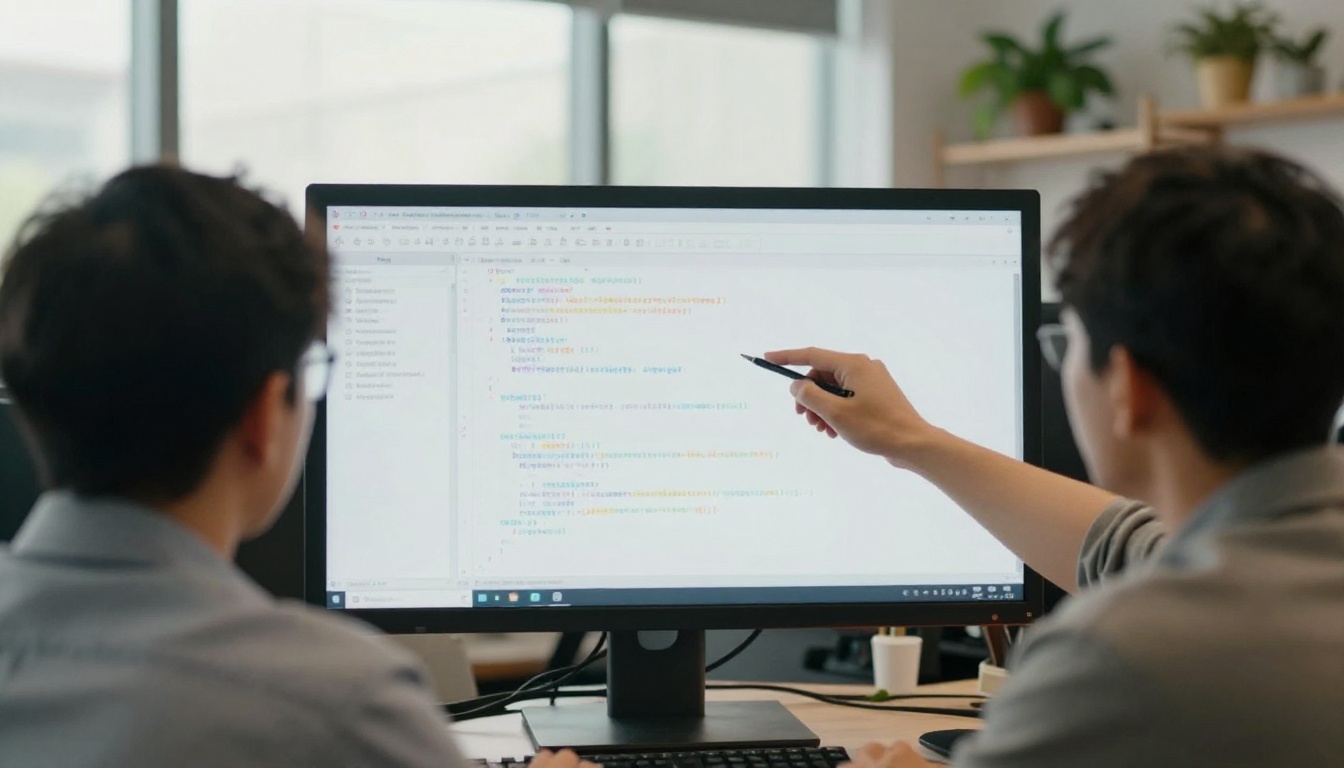 Two engineers reviewing code on a large monitor in a bright open office